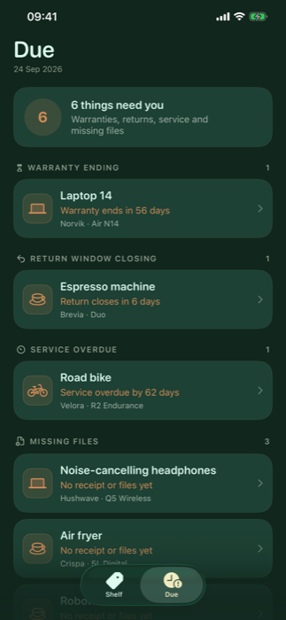 Due screen with items that need attention