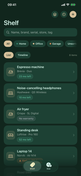Shelf screen listing purchases with warranty badges
